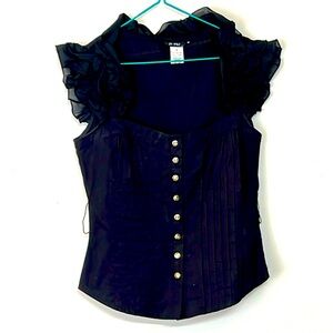 🌞 Oh Yes Elegant black pleated button blouse ruffled butterfly sleeve S